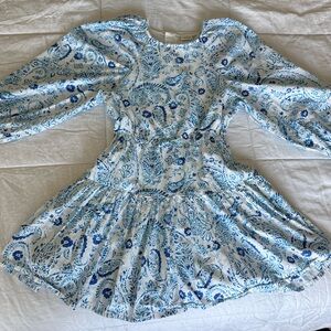 Blue and White Ruched Fit and Flare Dress with Bishop Sleeves